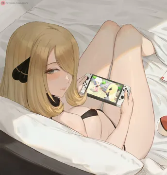 1girl bare_shoulders bikini black_bikini blonde_hair blush breasts cameo cleavage couch cynthia__pokemon dawn__pokemon fur_collar grey_eyes hair_ornament hair_over_one_eye handheld_game_console holding holding_handheld_game_console large_breasts long_hair looking_at_viewer looking_back lsls meta nintendo_switch patreon_logo pokemon pokemon_bdsp pokemon_dppt sitting solo swimsuit thighs very_long_hair