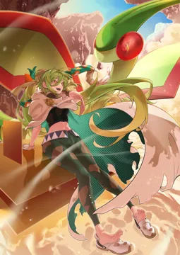 1girl barefoot belt black_shirt breasts bright_pupils brown_eyes cloak day dorsiflexion feet gloves green_hair green_pants green_ribbon hair_ribbon knees_together_feet_apart legs long_hair open_mouth outdoors pants pokemon__creature ribbon shirt sky smile smoke soles toes torn_cloak torn_clothes vocaloid white_pupils taiju__gr09kuma pokemon project_voltage flygon__pokemon ground_miku__project_voltage hatsune_miku