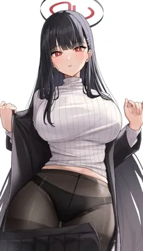 1girl black_hair black_halo black_panties black_pantyhose black_skirt blue_archive breasts bright_pupils clothes_pull cowboy_shot hair_ornament hairpin halo honome_sui large_breasts long_hair long_sleeves looking_at_viewer open_mouth panties panties_under_pantyhose pantyhose pleated_skirt red_eyes ribbed_sweater rio__blue_archive simple_background skirt skirt_pull solo sweater turtleneck turtleneck_sweater underwear white_background white_pupils white_sweater
