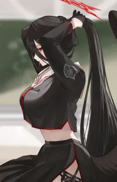 1girl adjusting_hair black_gloves black_hair black_serafuku black_skirt black_wings breasts cowboy_shot feathered_wings gloves halo large_breasts long_hair long_sleeves pleated_skirt red_eyes red_halo school_uniform serafuku skirt solo thighs very_long_hair wings zije blue_archive hasumi__blue_archive