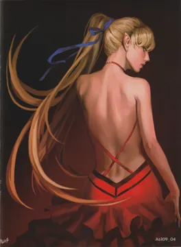 1girl artist_name back back_focus backless_dress backless_outfit bare_arms bare_back bare_shoulders blonde_hair blue_ribbon dress frilled_dress frills from_behind hair_ribbon high_ponytail long_hair looking_at_viewer looking_back median_furrow nape parted_lips pointy_ears ponytail realistic red_dress ribbon solo vampire very_long_hair yellow_eyes as109 monogatari__series kiss_shot_acerola_orion_heart_under_blade oshino_shinobu