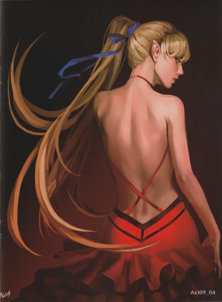 1girl artist_name back back_focus backless_dress backless_outfit bare_arms bare_back bare_shoulders blonde_hair blue_ribbon dress frilled_dress frills from_behind hair_ribbon high_ponytail long_hair looking_at_viewer looking_back median_furrow nape parted_lips pointy_ears ponytail realistic red_dress ribbon solo vampire very_long_hair yellow_eyes as109 monogatari__series kiss_shot_acerola_orion_heart_under_blade oshino_shinobu