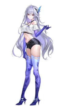 1girl alternate_costume artist_name bare_shoulders black_shorts breasts casual closed_mouth colored_inner_hair contemporary crop_top full_body grey_hair hair_between_eyes hair_ornament high_heels long_hair looking_at_viewer medium_breasts multicolored_hair navel off_shoulder_shirt off_shoulder pink_eyes purple_hair shirt short_sleeves shorts simple_background solo standing stomach thighs twitter_username very_long_hair watermark white_background white_shirt sicle genshin_impact skirk__genshin_impact