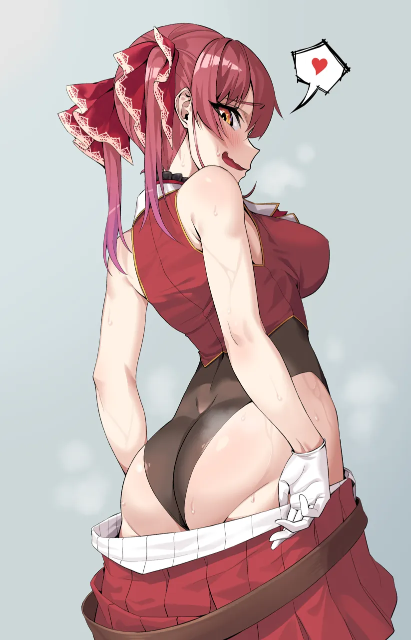 1girl ascot ass bare_shoulders belt blush breasts brown_belt clothes_pull cropped_jacket eropolarb from_behind gloves grey_background hair_ribbon heart hololive houshou_marine houshou_marine__1st_costume jacket large_breasts leather_belt leotard leotard_under_clothes long_hair looking_at_viewer looking_back miniskirt open_mouth pleated_skirt red_ascot red_hair red_jacket red_ribbon red_skirt ribbon see_through_clothes see_through_leotard simple_background skirt skirt_pull sleeveless sleeveless_jacket solo spoken_heart steaming_body sweat twintails virtual_youtuber white_gloves yellow_eyes
