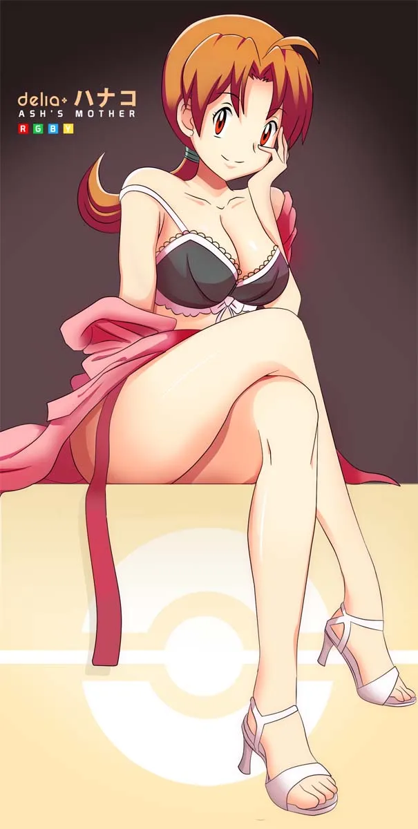 1990s__style 1girl ahoge bare_legs black_bra bra breasts brown_eyes brown_hair character_name cleavage closed_mouth collarbone copyright_name crossed_legs delia_ketchum english_text full_body hand_on_own_cheek hand_on_own_face hand_up high_heels large_breasts legs lingerie long_hair looking_at_viewer low_ponytail mature_female open_clothes parted_bangs pokemon pokemon__anime pokemon__classic_anime ponytail retro_artstyle scott_bennett sitting smile solo strap_slip strappy_heels underwear vivivoovoo white_footwear