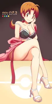 1990s__style 1girl ahoge bare_legs black_bra bra breasts brown_eyes brown_hair character_name cleavage closed_mouth collarbone copyright_name crossed_legs delia_ketchum english_text full_body hand_on_own_cheek hand_on_own_face hand_up high_heels large_breasts legs lingerie long_hair looking_at_viewer low_ponytail mature_female open_clothes parted_bangs pokemon pokemon__anime pokemon__classic_anime ponytail retro_artstyle scott_bennett sitting smile solo strap_slip strappy_heels underwear vivivoovoo white_footwear