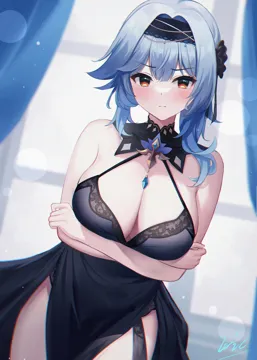 1girl alternate_costume bare_shoulders black_dress black_hairband blue_hair blush breasts brown_eyes cleavage cocktail_dress collarbone crossed_arms curtains dress eric__tianqijiang eula__genshin_impact evening_gown genshin_impact hair_ornament hairband large_breasts looking_at_viewer medium_hair no_bra pelvic_curtain red_eyes sidelocks solo window