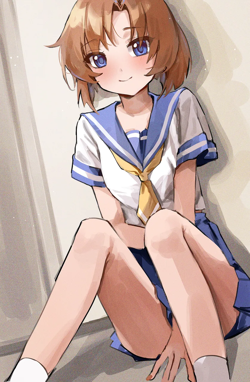 1girl against_wall between_legs blue_eyes blue_sailor_collar blue_skirt blush brown_hair closed_mouth feet_out_of_frame hand_between_legs indoors knees_up looking_at_viewer on_floor parted_bangs pleated_skirt sailor_collar school_uniform serafuku shirt short_sleeves sitting skirt smile socks solo white_shirt white_socks nakony higurashi_no_naku_koro_ni ryuuguu_rena__higurashi_no_naku_koro_ni