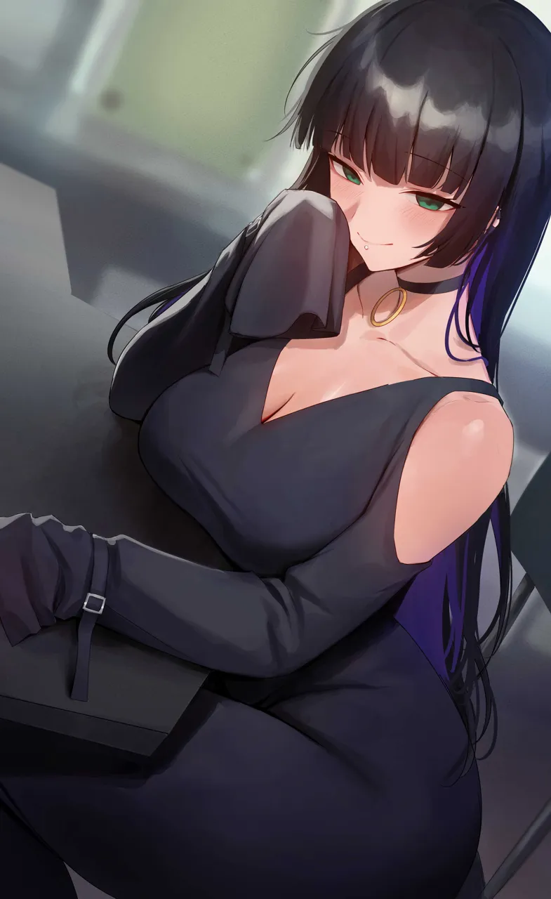 1girl black_choker black_dress black_hair blunt_bangs bocchi_the_rock breast_rest breasts breasts_on_table chair choker cleavage clothing_cutout collarbone colored_inner_hair dress elbow_rest green_eyes hand_up hime_cut labret_piercing large_breasts long_hair long_sleeves multicolored_hair pa_san piercing purple_hair rororo sitting sleeves_past_wrists solo straight_hair table