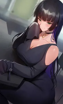 1girl black_choker black_dress black_hair blunt_bangs bocchi_the_rock breast_rest breasts breasts_on_table chair choker cleavage clothing_cutout collarbone colored_inner_hair dress elbow_rest green_eyes hand_up hime_cut labret_piercing large_breasts long_hair long_sleeves multicolored_hair pa_san piercing purple_hair rororo sitting sleeves_past_wrists solo straight_hair table