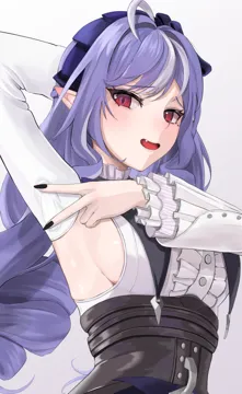 1girl ahoge arm_up armpits black_nails breasts drill_hair fang grey_background hairband long_hair long_sleeves looking_at_viewer mole mole_under_eye open_mouth pointy_ears purple_hair purple_hairband red_eyes sideboob simple_background smile solo spread_armpit upper_body yu_soft029 zenless_zone_zero vivian__zenless_zone_zero
