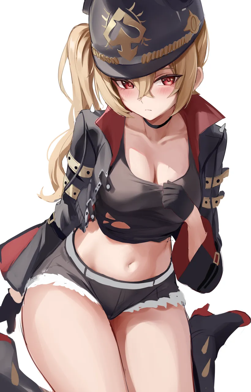 1girl black_boots black_gloves black_helmet black_jacket black_shirt blonde_hair blush boots breasts cleavage closed_mouth crop_top gloves hair_between_eyes helmet jacket long_hair looking_at_viewer luciana_de_montefio medium_breasts midriff navel open_clothes open_jacket red_eyes shirt side_ponytail sitting solo stomach stone__ksorede thighs torn_clothes torn_shirt zenless_zone_zero