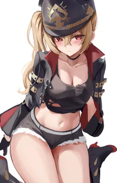 1girl black_boots black_gloves black_helmet black_jacket black_shirt blonde_hair blush boots breasts cleavage closed_mouth crop_top gloves hair_between_eyes helmet jacket long_hair looking_at_viewer luciana_de_montefio medium_breasts midriff navel open_clothes open_jacket red_eyes shirt side_ponytail sitting solo stomach stone__ksorede thighs torn_clothes torn_shirt zenless_zone_zero