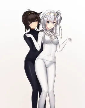 2girls ahoge anchor_symbol black_bodysuit black_hairband blush bodysuit bra breasts brown_eyes brown_hair closed_mouth clothes_writing covered_navel grey_background grey_eyes grey_hair hair_between_eyes hairband hands_on_another_s_shoulders head_tilt long_hair looking_at_viewer medium_breasts multiple_girls one_side_up panties parted_lips short_hair simple_background skin_tight smile standing underwear w_arms white_bodysuit white_bra white_hairband white_panties guo582 kantai_collection hatsuzuki__kancolle suzutsuki__kancolle