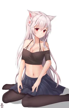 1girl animal_ears bare_shoulders black_pantyhose black_shirt blue_skirt blush breasts cat_ears cleavage collarbone crop_top flower grey_hair hair_between_eyes hair_flower hair_ornament halterneck large_breasts long_hair looking_at_viewer midriff navel no_shoes off_shoulder_shirt off_shoulder pantyhose parted_lips pleated_skirt red_eyes shadow shirt short_sleeves simple_background sitting skirt solo stomach very_long_hair wariza white_background angel_no_shousou