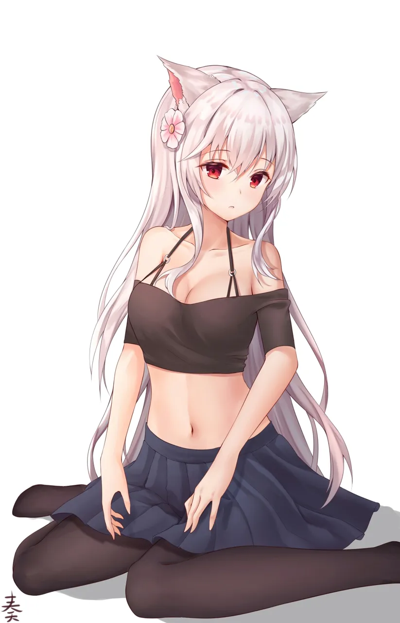 1girl animal_ears bare_shoulders black_pantyhose black_shirt blue_skirt blush breasts cat_ears cleavage collarbone crop_top flower grey_hair hair_between_eyes hair_flower hair_ornament halterneck large_breasts long_hair looking_at_viewer midriff navel no_shoes off_shoulder_shirt off_shoulder pantyhose parted_lips pleated_skirt red_eyes shadow shirt short_sleeves simple_background sitting skirt solo stomach very_long_hair wariza white_background angel_no_shousou