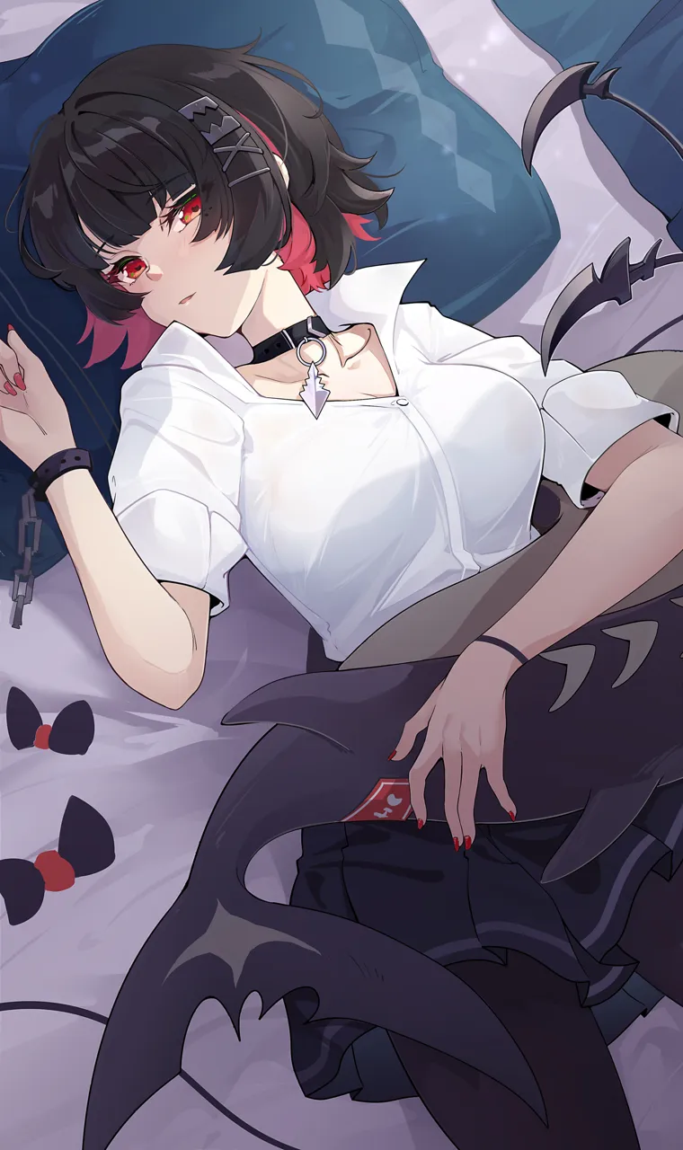 1girl black_hair black_skirt breasts choker cleavage collarbone colored_inner_hair cowboy_shot fingernails fins fish_tail hair_between_eyes hat indoors large_breasts looking_at_viewer lying multicolored_hair nail_polish official_alternate_costume on_back on_bed pantyhose parted_lips pillow red_hair red_nails school_uniform shark_tail shirt short_hair sidelocks skirt solo tail two_tone_hair white_shirt qingye_ling zenless_zone_zero ellen_joe__zenless_zone_zero ellen_joe__on_campus__zenless_zone_zero