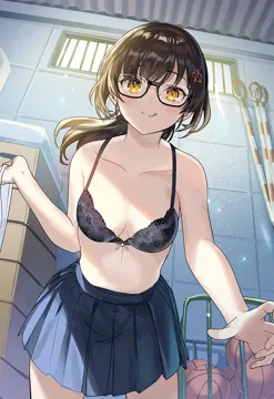 _q _rouhou__ore_no_iinazuke_ni_natta_jimiko_ie_dewa_kawaii_shikanai 1girl bare_arms bare_shoulders black_bra black_framed_eyewear blue_skirt bra breasts brown_hair closed_mouth collarbone cowboy_shot from_below glasses hair_ornament indoors lace_trim lace_trimmed_bra long_hair looking_at_viewer miniskirt pleated_skirt ponytail semi_rimless_eyewear skirt small_breasts smile solo stomach tan__tangent tongue tongue_out underwear watanae_yuuka yellow_eyes