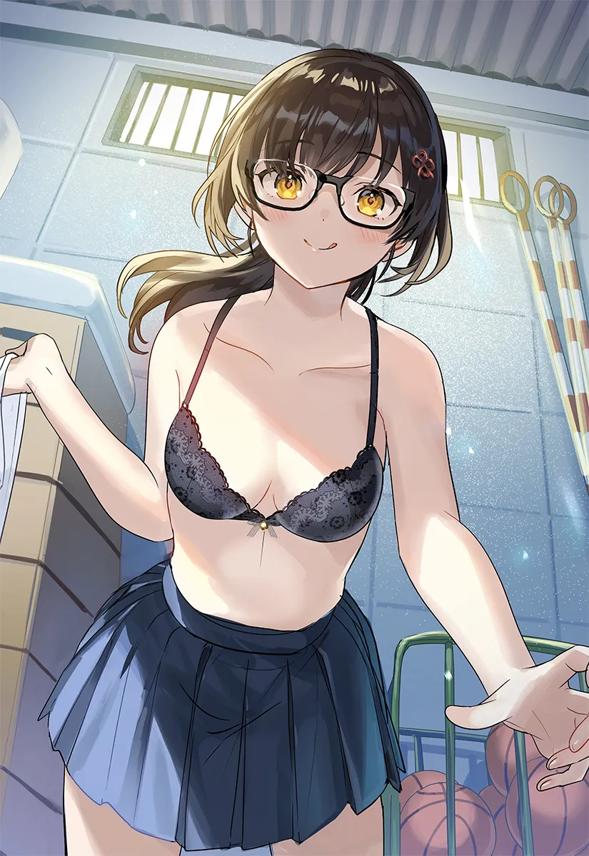 _q _rouhou__ore_no_iinazuke_ni_natta_jimiko_ie_dewa_kawaii_shikanai 1girl bare_arms bare_shoulders black_bra black_framed_eyewear blue_skirt bra breasts brown_hair closed_mouth collarbone cowboy_shot from_below glasses hair_ornament indoors lace_trim lace_trimmed_bra long_hair looking_at_viewer miniskirt pleated_skirt ponytail semi_rimless_eyewear skirt small_breasts smile solo stomach tan__tangent tongue tongue_out underwear watanae_yuuka yellow_eyes