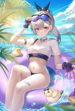 1girl alternate_eye_color bandaid bandaid_on_leg bikini bikini_under_clothes black_bikini black_gloves black_ribbon blue_framed_eyewear breasts crop_top eyewear_on_head fingerless_gloves glasses gloves grey_hair hair_between_eyes hair_ribbon honkai__series honkai__star_rail innertube long_hair looking_at_viewer medium_breasts navel purple_framed_eyewear ribbon rubber_duck shirt silver_wolf__honkai__star_rail single_shoulder_shirt solo stomach swim_ring swimsuit vb_vibe yellow_eyes