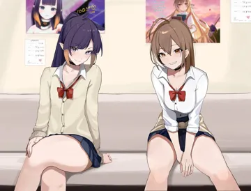 2girls alternate_costume ara_ara_on_a_train__meme arm_support bare_legs black_choker blush bow bowtie bromide brown_eyes brown_hair cardigan center_flap_bangs choker crossed_legs feet_out_of_frame flat_chest hand_on_own_knee hololive hololive_english indoors ku_roiko legs long_hair looking_at_viewer loose_bowtie meme miniskirt mole mole_under_eye multicolored_hair multiple_girls nanashi_mumei ninomae_ina_nis ninomae_ina_nis__1st_costume open_collar pleated_skirt pointy_ears ponytail purple_hair red_bow red_bowtie school_uniform sitting skirt smile streaked_hair tentacle_hair tentacles thighs virtual_youtuber yellow_cardigan