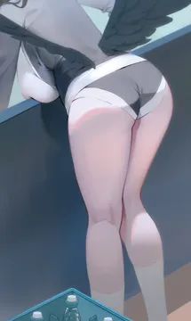 1girl ass black_hair black_wings bottle breast_press breasts buruma feathered_wings grey_buruma grey_jacket gym_uniform head_out_of_frame huge_breasts jacket kneepits leaning_forward long_hair long_sleeves low_wings official_alternate_costume open_clothes open_jacket shirt socks solo standing thighs underbutt white_shirt white_socks wings midfinger blue_archive hasumi__blue_archive hasumi__track__blue_archive