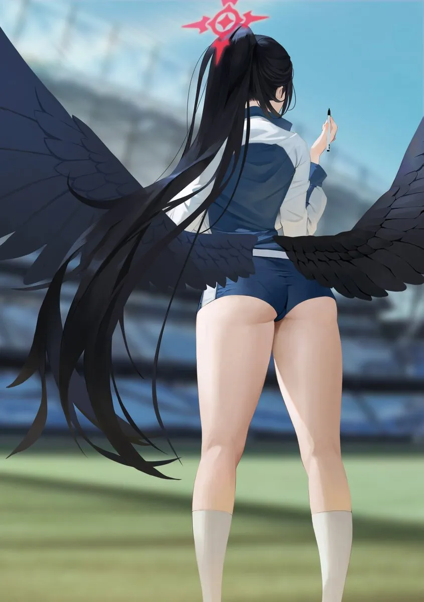 1girl ass black_hair black_wings blue_jacket blurry blurry_background day feathered_wings feet_out_of_frame from_behind gym gym_shorts halo holding holding_pen jacket kneepits long_hair low_wings multicolored_jacket official_alternate_costume official_alternate_hairstyle outdoors pen ponytail red_halo shorts socks solo standing thighs track_jacket two_tone_jacket very_long_hair white_jacket white_socks wings wings_through_clothes midfinger blue_archive comiket_104 hasumi__blue_archive hasumi__track__blue_archive