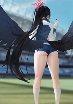 1girl ass black_hair black_wings blue_jacket blurry blurry_background day feathered_wings feet_out_of_frame from_behind gym gym_shorts halo holding holding_pen jacket kneepits long_hair low_wings multicolored_jacket official_alternate_costume official_alternate_hairstyle outdoors pen ponytail red_halo shorts socks solo standing thighs track_jacket two_tone_jacket very_long_hair white_jacket white_socks wings wings_through_clothes midfinger blue_archive comiket_104 hasumi__blue_archive hasumi__track__blue_archive