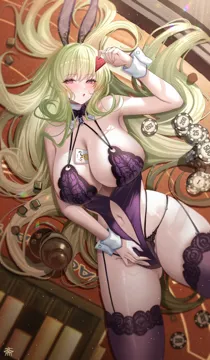 _o 1girl animal_ears azur_lane bare_arms bare_shoulders black_panties blush bow bowtie breasts cleavage fake_animal_ears green_hair hair_spread_out holding large_breasts leotard lingerie long_hair looking_at_viewer lying napoli__azur_lane napoli__dreamy_night__azur_lane navel official_alternate_costume on_back open_mouth panties playboy_bunny purple_bow purple_bowtie purple_eyes purple_leotard purple_thighhighs rabbit_ears solo tansuan__ensj3875 thighhighs thighs underwear very_long_hair wrist_cuffs