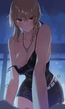 1girl arm_support artoria_pendragon__fate bare_shoulders belt black_camisole black_shorts blonde_hair blush breasts camisole cleavage closed_mouth collarbone fate__series fate_grand_order from_below furrowed_brow hair_between_eyes jewelry leaning_forward long_hair looking_at_viewer medium_breasts necklace night off_shoulder official_alternate_costume orange_eyes pendant ponytail pov rain ribbon rororo saber_alter saber_alter__ver__shinjuku_1999 shirt shorts sidelocks sleeveless sleeveless_shirt solo spaghetti_strap strap_slip water_drop wet wet_clothes wet_hair white_belt yellow_eyes