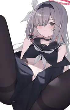 1girl black_choker black_hairband black_jacket black_pantyhose black_shirt blush breasts choker cropped_shirt grey_eyes grey_hair hair_over_one_eye hairband halo jacket long_hair medium_breasts off_shoulder pantyhose red_halo shirt simple_background sleeveless sleeveless_shirt solo thighband_pantyhose underboob white_background koba__kobako42 blue_archive plana__blue_archive