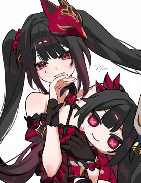 1girl bare_shoulders bell black_choker black_gloves black_hair butterfly_shaped_pupils choker doll dress fox_mask gloves holding holding_doll long_hair mark_under_eye mask mask_on_head parted_lips red_dress red_eyes red_sleeves simple_background single_glove smug solo symbol_shaped_pupils twintails white_background wrist_cuffs om_rm1101 honkai__star_rail honkai__series honkai_impact_3rd sparkle__doll__honkai__star_rail sparkle__fictitious_game__honkai__star_rail sparkle__honkai__star_rail