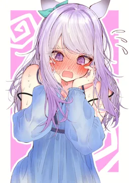 1girl animal_ears aqua_bow bare_shoulders blue_dress blush border bow breasts collarbone dress ear_bow full_face_blush hands_on_own_face horse_ears horse_girl long_hair long_sleeves looking_at_viewer outside_border parted_lips pink_background purple_eyes purple_hair small_breasts solo upper_body white_border amaxa umamusume mejiro_mcqueen__umamusume