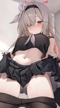 1girl black_hairband black_pantyhose blush breasts clothes_lift clothes_pull crop_top crotch_seam grey_eyes grey_hair hair_over_one_eye hairband halo lifting_own_clothes long_hair medium_breasts miniskirt navel pantyhose pantyhose_pull pleated_skirt red_halo skirt skirt_lift solo stomach sweatdrop thighs koba__kobako42 blue_archive plana__blue_archive