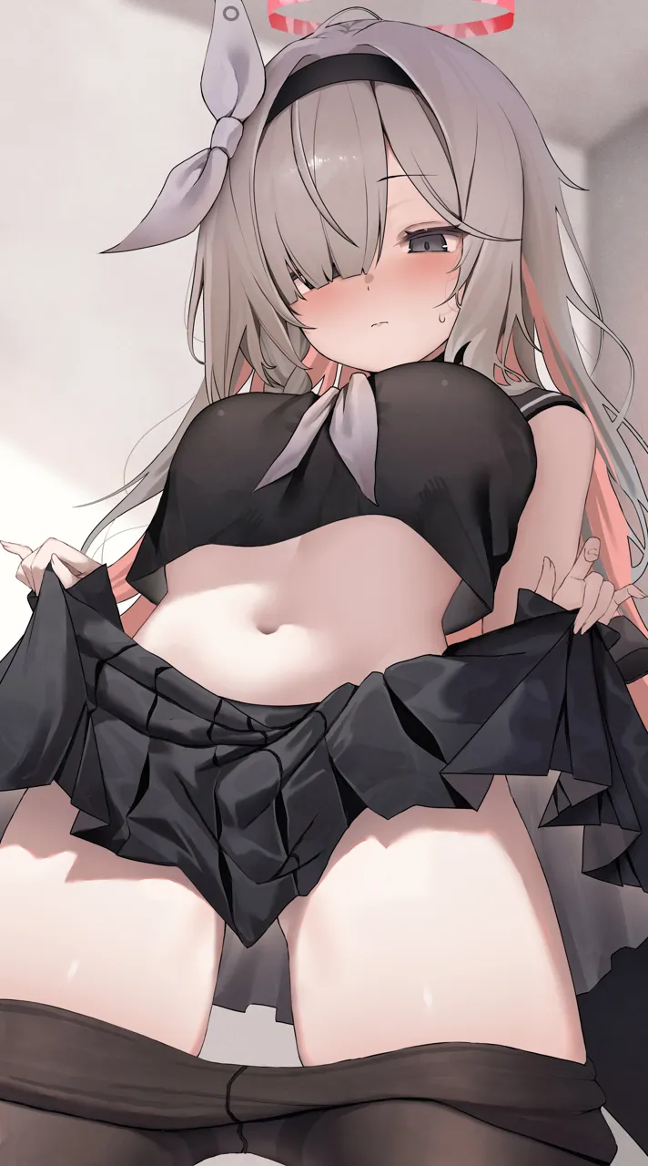 1girl black_hairband black_pantyhose blush breasts clothes_lift clothes_pull crop_top crotch_seam grey_eyes grey_hair hair_over_one_eye hairband halo lifting_own_clothes long_hair medium_breasts miniskirt navel pantyhose pantyhose_pull pleated_skirt red_halo skirt skirt_lift solo stomach sweatdrop thighs koba__kobako42 blue_archive plana__blue_archive