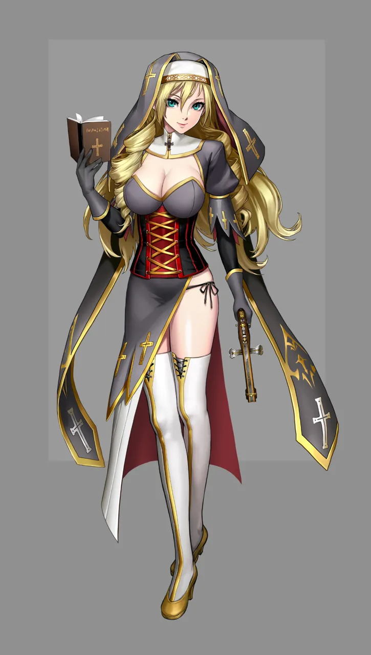 1girl black_panties blonde_hair book boots breasts cleavage corset cross drill_hair full_body gloves gold_boots green_eyes gun habit handgun high_heel_boots high_heels large_breasts long_hair long_legs looking_at_viewer nun panties side_tie_panties simple_background smile solo thigh_boots thighhighs twin_drills underwear weapon white_thighhighs as109 m_a_d_mafia_is_all_dead