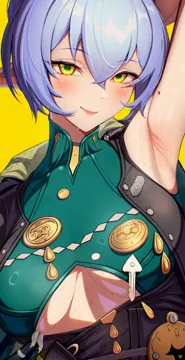 1girl arm_behind_head arm_up armpits blue_hair blush breasts cleavage_cutout closed_mouth clothing_cutout crossed_bangs green_eyes green_shirt hair_between_eyes large_breasts looking_at_viewer mandarin_collar mole mole_on_armpit multicolored_eyes pointy_ears shirt short_hair solo sweat sweaty_armpits two_tone_eyes underboob underboob_cutout upper_body yellow_eyes kenn_artz zenless_zone_zero lucia__zenless_zone_zero