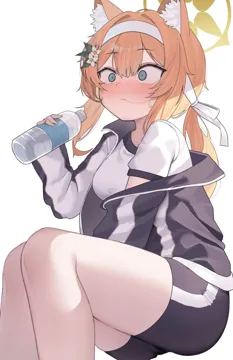 1girl animal_ear_fluff animal_ears blue_eyes blush bottle flower from_side gym_uniform hair_flower hair_ornament hairband halo holding holding_bottle jacket long_hair long_sleeves official_alternate_costume orange_hair shirt shorts simple_background sitting solo track_jacket white_background white_flower white_hairband white_shirt yellow_halo koba__kobako42 blue_archive mari__blue_archive mari__track__blue_archive