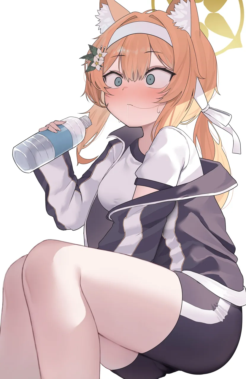 1girl animal_ear_fluff animal_ears blue_eyes blush bottle flower from_side gym_uniform hair_flower hair_ornament hairband halo holding holding_bottle jacket long_hair long_sleeves official_alternate_costume orange_hair shirt shorts simple_background sitting solo track_jacket white_background white_flower white_hairband white_shirt yellow_halo koba__kobako42 blue_archive mari__blue_archive mari__track__blue_archive