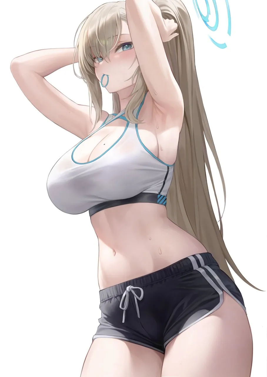 1girl alternate_costume armpits arms_behind_head arms_up asuna__blue_archive bare_shoulders blonde_hair blue_archive blue_eyes blush breasts cleavage collarbone dolphin_shorts hair_over_one_eye hair_tie hair_tie_in_mouth halo hand_in_own_hair hands_in_hair holding holding_own_hair large_breasts long_hair looking_at_viewer mole mole_on_breast mouth_hold navel ponytail presenting_armpit preview__preview0 shorts sideboob solo sports_bra stomach thighs tying_hair very_long_hair white_background white_sports_bra