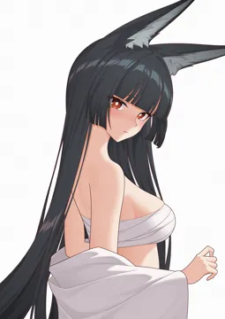 1girl animal_ear_fluff animal_ears bandaged_chest bandages black_hair blunt_bangs breasts chest_sarashi closed_mouth fox_ears fox_girl light_blush long_hair looking_at_viewer red_eyes sarashi sidelocks simple_background solo upper_body white_background sasaki3rd zenless_zone_zero hoshimi_miyabi__zenless_zone_zero