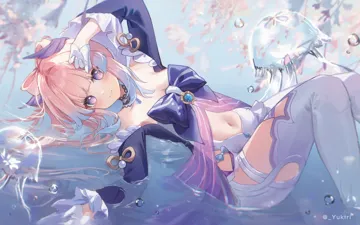 1girl babydoll bare_shoulders bow bow_shaped_hair closed_mouth colored_tips frilled_sleeves frills gloves gradient_hair half_gloves hand_on_own_head head_wings jellyfish long_hair long_sleeves looking_at_viewer lying multicolored_hair navel on_back partially_submerged pink_hair purple_eyes shorts solo thighhighs two_tone_hair vision__genshin_impact water white_gloves white_shorts white_thighhighs wide_sleeves wings yukiri__l_ii genshin_impact sangonomiya_kokomi__genshin_impact