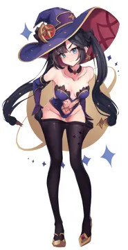 1girl bare_shoulders black_hair black_pantyhose blue_eyes blush breasts chirang clothes_pull full_body genshin_impact hat legs leotard long_hair looking_at_viewer mona__genshin_impact pantyhose pantyhose_pull purple_hat purple_leotard simple_background solo twintails white_background witch witch_hat