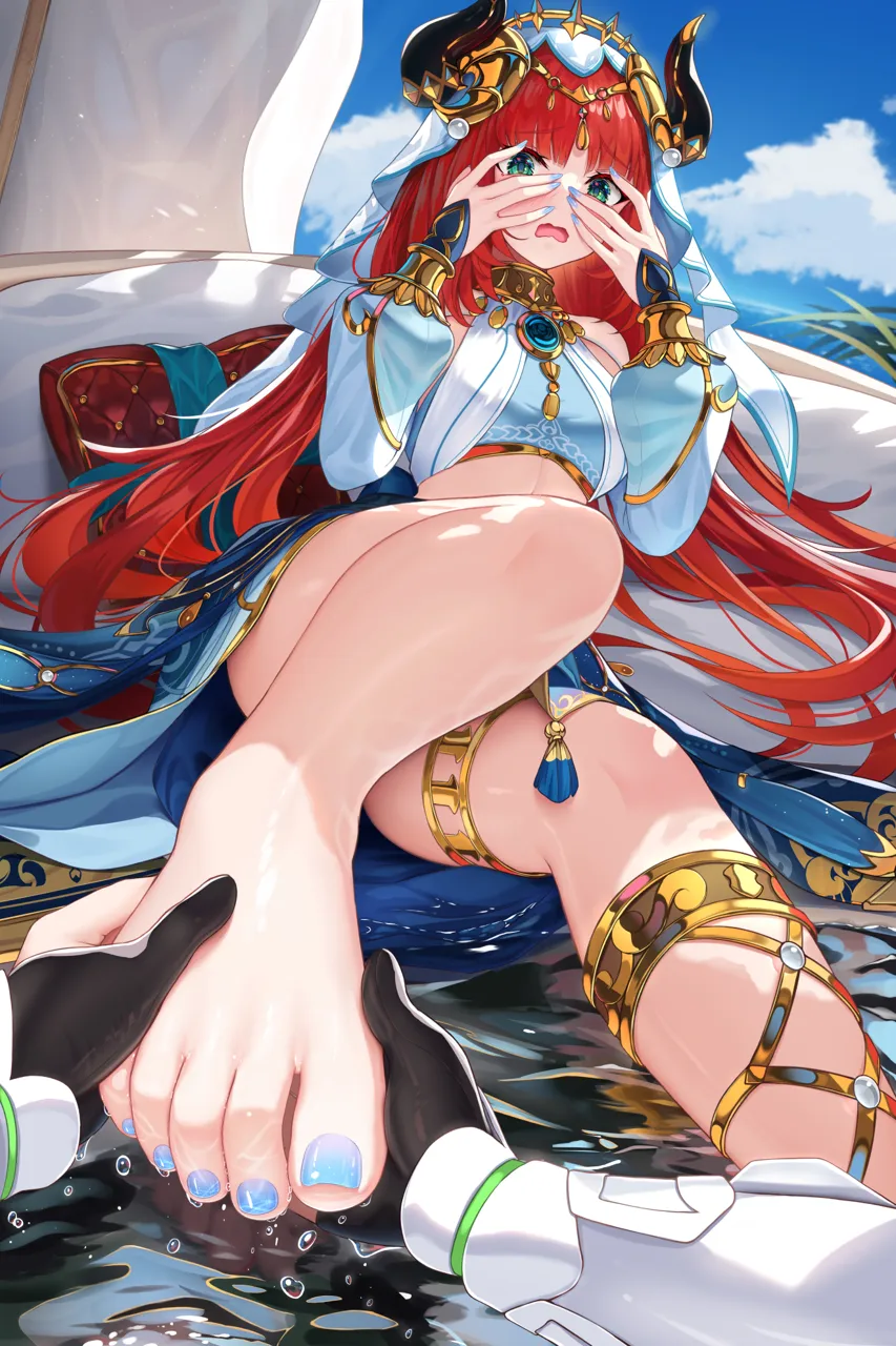 2girls anklet barefoot blue_nails blue_sky breasts circlet cloud crop_top fake_horns feet female_pov foot_focus foot_out_of_frame foreshortening genshin_impact gold_trim green_eyes hands_on_own_face harem_outfit holding_another_s_foot horns jewelry legs long_hair lumine__genshin_impact multiple_girls nail_polish nekoda__maoda nilou__genshin_impact open_mouth pov pov_hands puffy_sleeves raised_eyebrows red_hair sandals sitting sky solo_focus thighlet thighs toenail_polish toenails toes twintails veil very_long_hair water wet