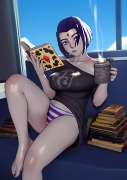 1girl backlighting barefoot book book_stack breasts casual coffee_mug collarbone colored_skin covered_nipples cup day dc_comics forehead_jewel grey_skin john_doe__jdart leg_up lips looking_at_viewer medium_breasts mug nail_polish no_bra no_pants nose open_book panties purple_eyes purple_hair purple_nails purple_panties raven__dc reading shirt short_hair solo striped_clothes striped_panties t_shirt teen_titans toenail_polish toenails toes underwear window