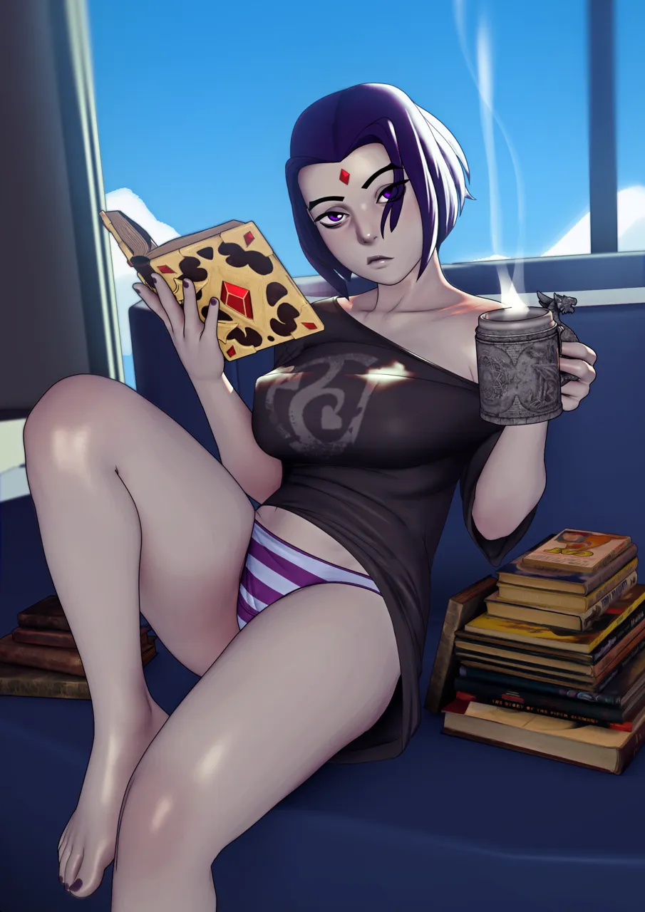 1girl backlighting barefoot book book_stack breasts casual coffee_mug collarbone colored_skin covered_nipples cup day dc_comics forehead_jewel grey_skin john_doe__jdart leg_up lips looking_at_viewer medium_breasts mug nail_polish no_bra no_pants nose open_book panties purple_eyes purple_hair purple_nails purple_panties raven__dc reading shirt short_hair solo striped_clothes striped_panties t_shirt teen_titans toenail_polish toenails toes underwear window