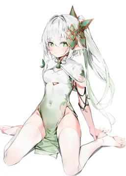 1girl adapted_costume arm_support arms_behind_back blush breasts capelet china_dress chinese_clothes closed_mouth covered_navel dress full_body gem genshin_impact gradient_clothes gradient_dress green_eyes green_gemstone groin hair_between_eyes hair_ornament leaf leaning_back long_hair multicolored_hair nahida__genshin_impact navel no_panties pelvic_curtain pointy_ears side_ponytail silver__chenwen simple_background sitting small_breasts solo stirrup_legwear symbol_shaped_pupils tassel thighhighs thighs toeless_legwear two_tone_hair wariza white_background white_capelet white_hair white_thighhighs