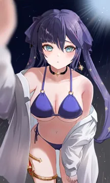 _o 1girl alternate_costume asymmetrical_bangs backlighting bikini blurry blurry_foreground blush breasts choker depth_of_field earrings foreshortening genshin_impact glint gradient_background green_eyes hair_ribbon hand_on_own_thigh jewelry leaning_forward long_hair long_shirt looking_at_viewer medium_breasts mona__genshin_impact moth1 navel no_headwear o_ring o_ring_bikini o_ring_top off_shoulder open_clothes open_shirt outstretched_arm parted_lips pov purple_bikini purple_hair reaching reaching_towards_viewer ribbon shirt side_tie_bikini_bottom sidelocks single_earring sparkle_hair_ornament star__symbol star_choker star_earrings stomach swimsuit thighlet twintails white_shirt