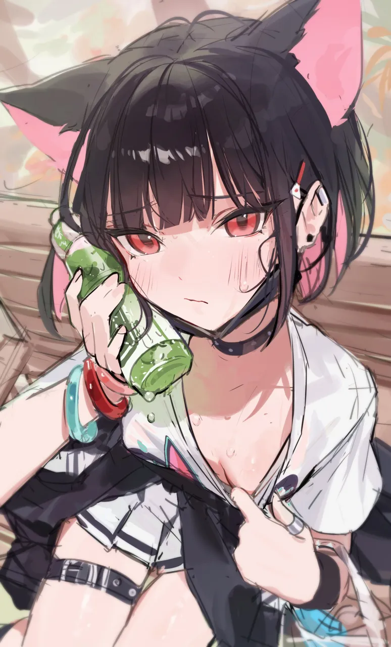 1girl animal_ears belt black_choker black_hair black_jacket black_surgical_mask blunt_bangs blush bottle bracelet breasts cat_ears cat_girl choker closed_mouth clothes_around_waist clothes_pull colored_inner_animal_ears colored_inner_hair earclip earrings hair_ornament hairclip holding holding_bottle jacket jacket_around_waist jewelry looking_at_viewer mask mouth_mask multicolored_hair on_bench outdoors pink_hair pleated_skirt red_eyes ring shirt shirt_pull short_hair sitting skirt small_breasts solo surgical_mask sweat thigh_belt thigh_strap thumb_ring two_tone_hair wet white_shirt white_skirt monoco55 blue_archive kazusa__band__blue_archive kazusa__blue_archive
