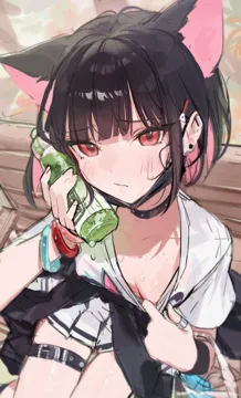 1girl animal_ears belt black_choker black_hair black_jacket black_surgical_mask blunt_bangs blush bottle bracelet breasts cat_ears cat_girl choker closed_mouth clothes_around_waist clothes_pull colored_inner_animal_ears colored_inner_hair earclip earrings hair_ornament hairclip holding holding_bottle jacket jacket_around_waist jewelry looking_at_viewer mask mouth_mask multicolored_hair on_bench outdoors pink_hair pleated_skirt red_eyes ring shirt shirt_pull short_hair sitting skirt small_breasts solo surgical_mask sweat thigh_belt thigh_strap thumb_ring two_tone_hair wet white_shirt white_skirt monoco55 blue_archive kazusa__band__blue_archive kazusa__blue_archive